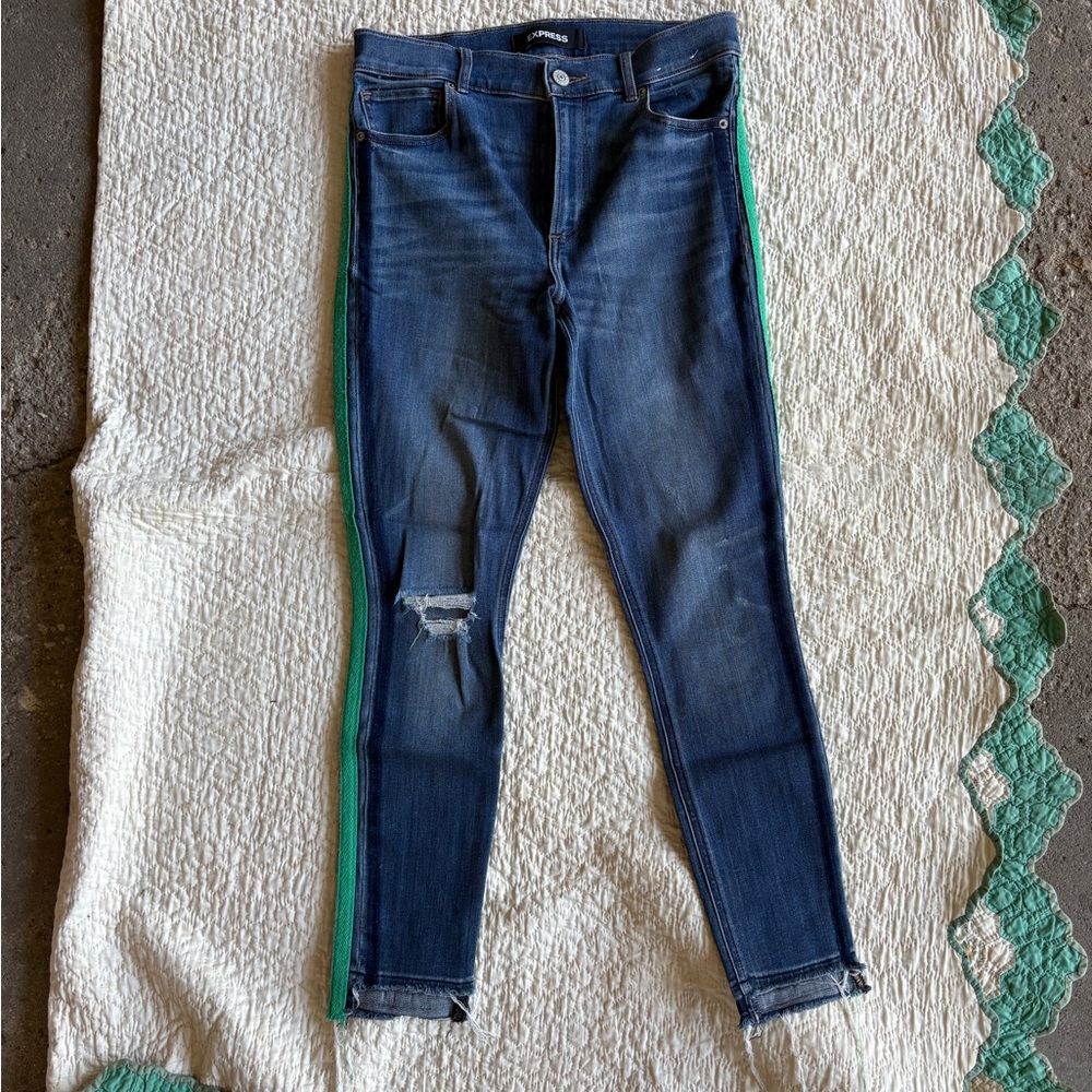 Express Blue Skinny Jeans with Green Trim